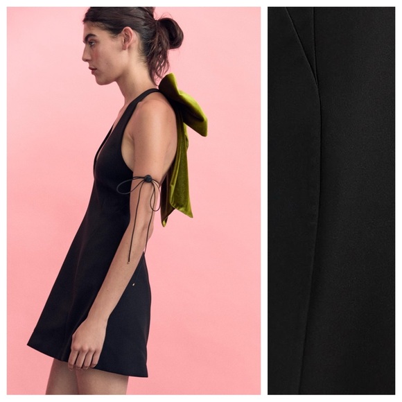 NWT. Zara Black Maxi Bow Velvet Short V-Neck Dress. Size M. - Picture 6 of 15